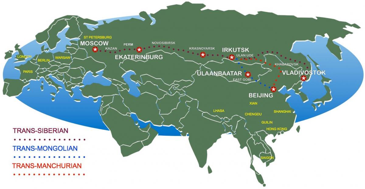 mapa Moskvy na vladivostok vlakovej trasy